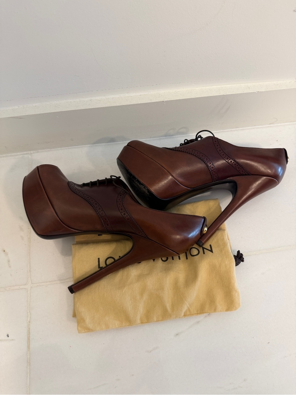 Louis Vuitton Brown Leather Peep-Toe Lace-Up Pumps - Picture 7 of 11